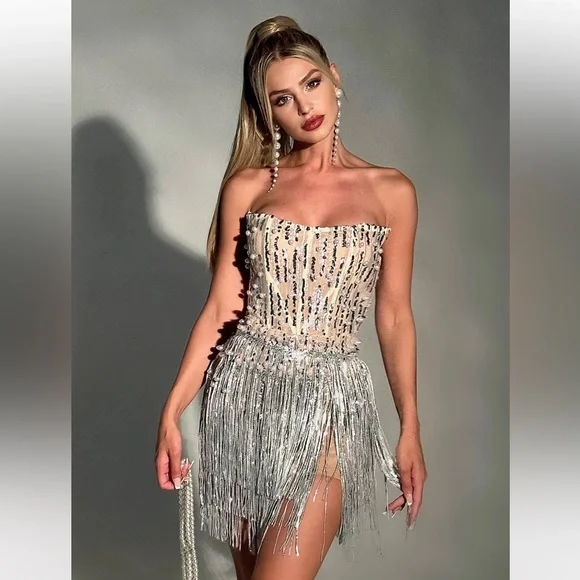 Bella Barnett Sorel Pearl Sequin Tassel Mini Dress - Picture 2 of 14